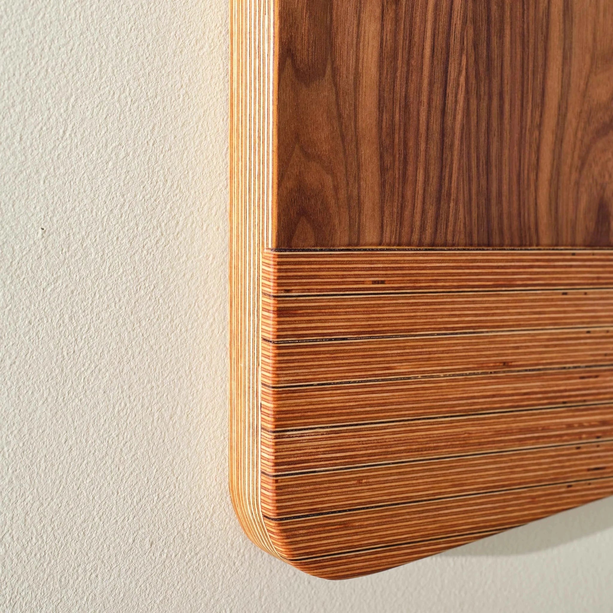 Corner closeup of Earthrise panel showing striped Baltic birch plywood horizon band