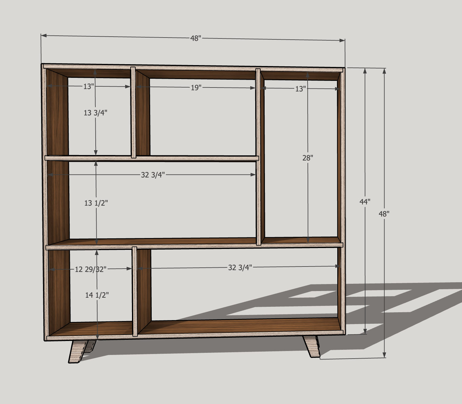 3D rendering of walnut bookcase with shelf dimension measurements labeled