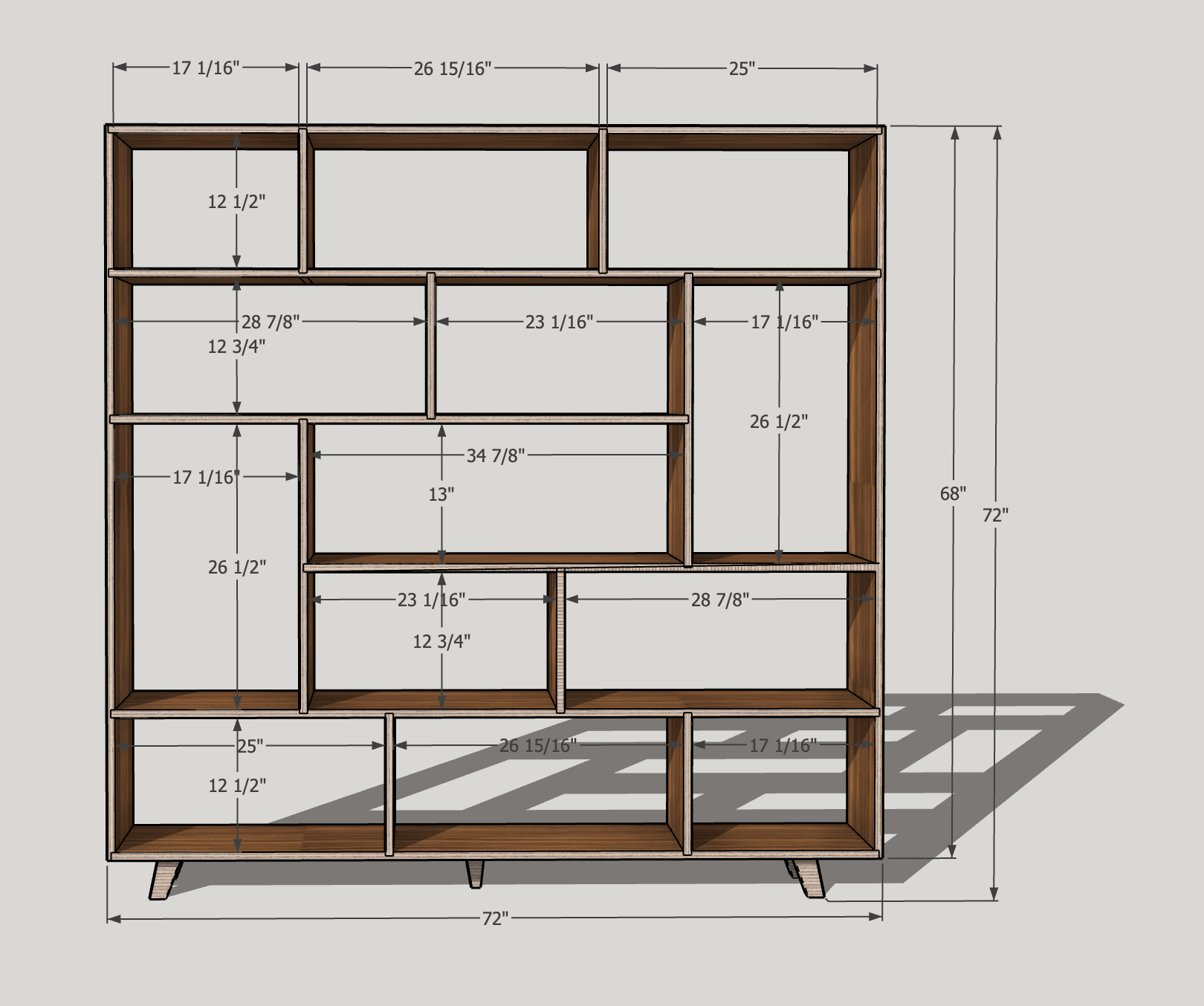 3D rendering of tall 72-inch walnut bookcase with detailed shelf measurements