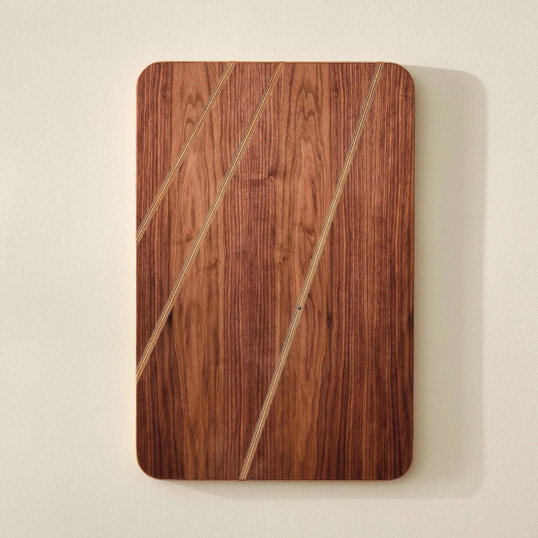 Sunbeam walnut wall art panel with three diagonal Baltic birch stripe inlays