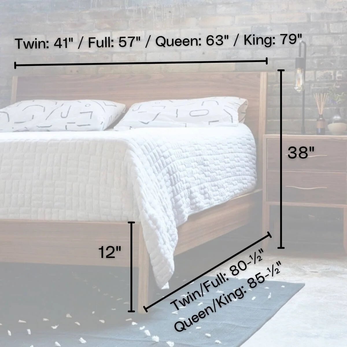 Walnut platform bed dimensions diagram showing sizes, 38-inch headboard, 12-inch clearance