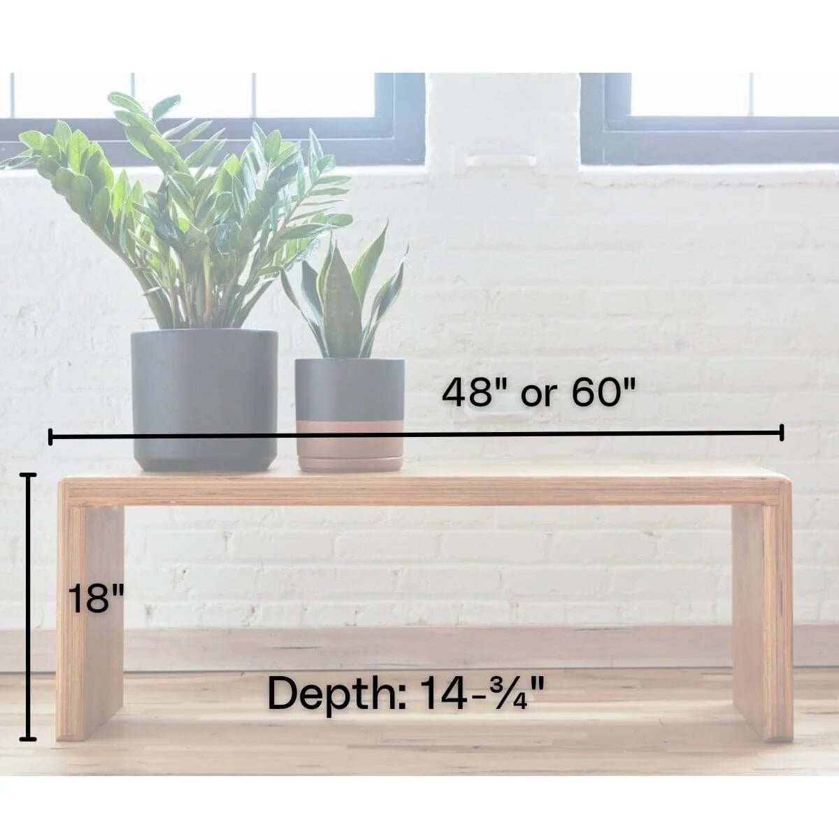 Baltic birch bench dimensions diagram with two potted plants against white brick wall