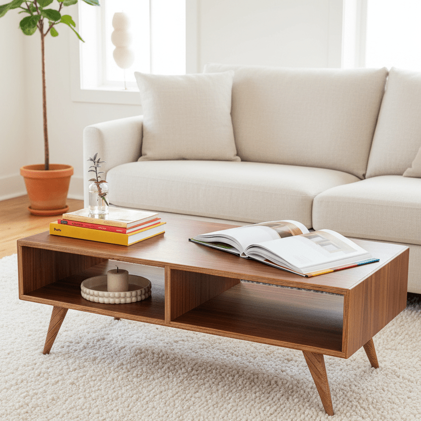 A mid-century modern wood coffee table with open cubbies and tapered legs, styled in a bright room with cream sofa