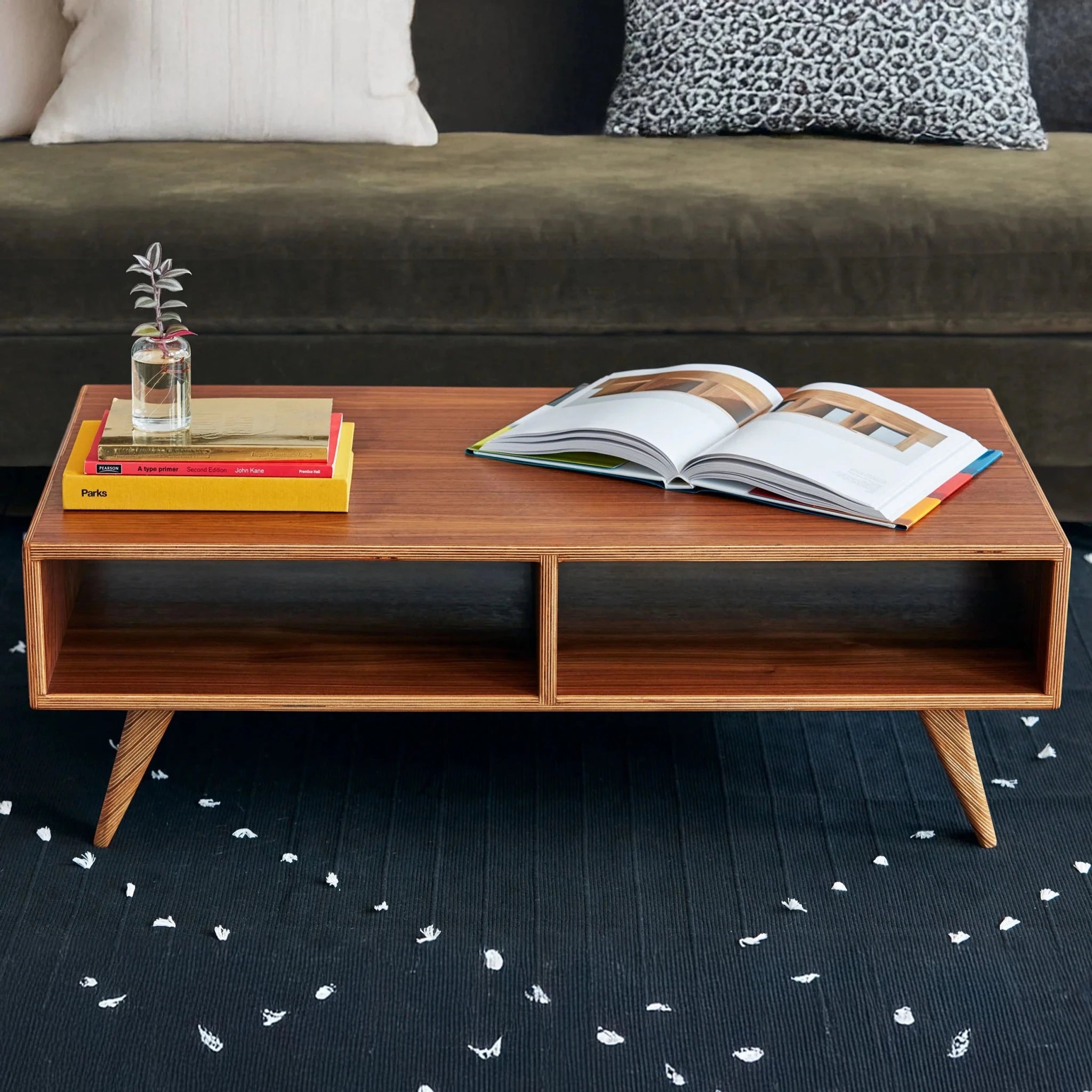 Walnut Coffee Table angled view, open shelf, books, plant vase, dark rug