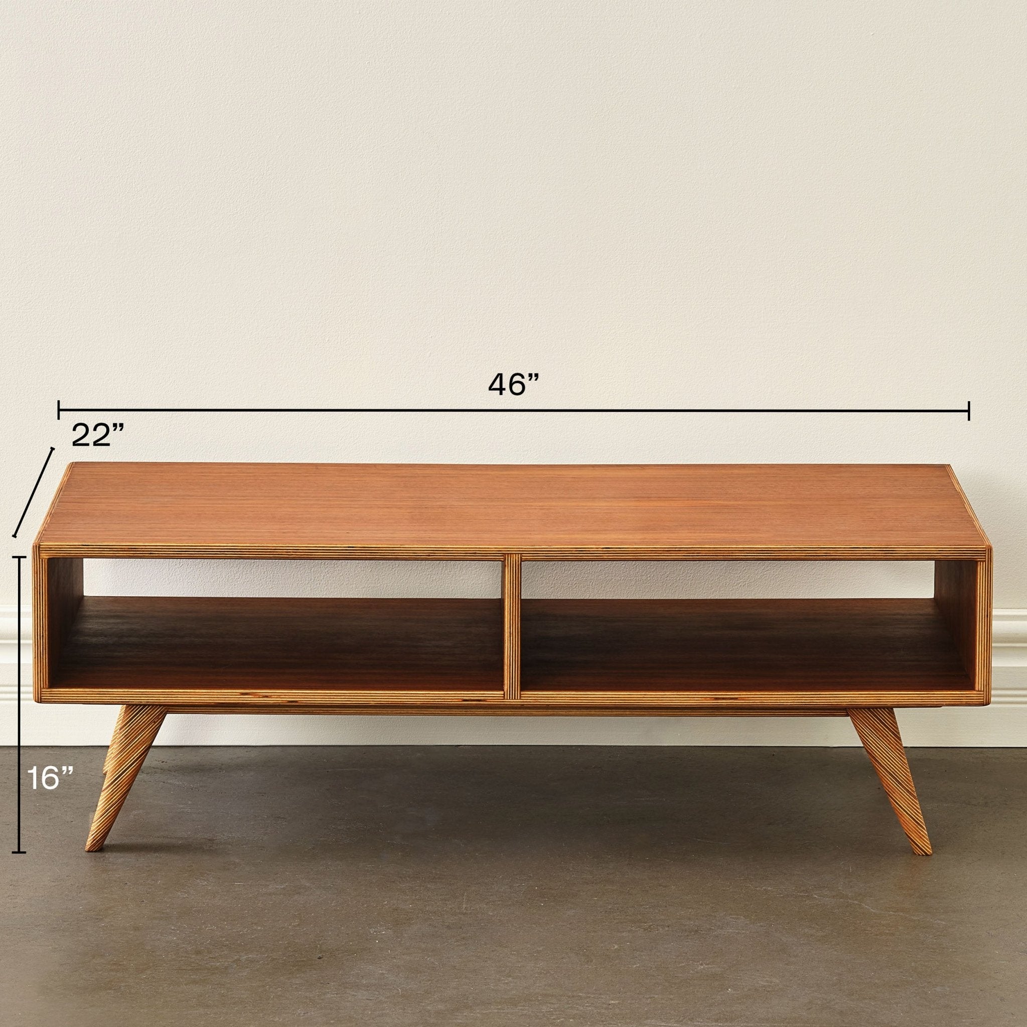Walnut Coffee Table front view with dimensions 46 by 22 by 16 inches labeled