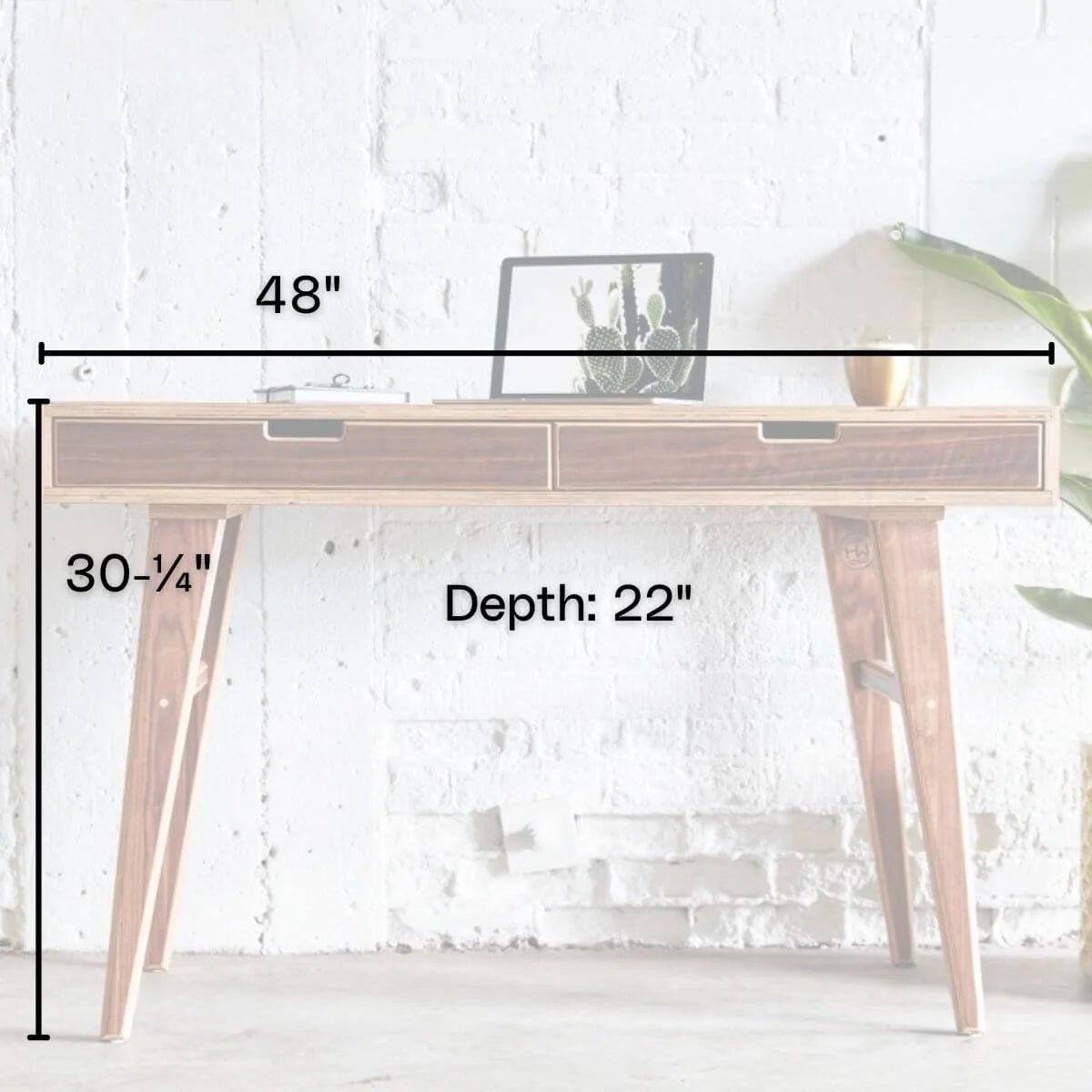 Dimension diagram of walnut writing desk: 48-inch width, 30-inch height, 22-inch depth