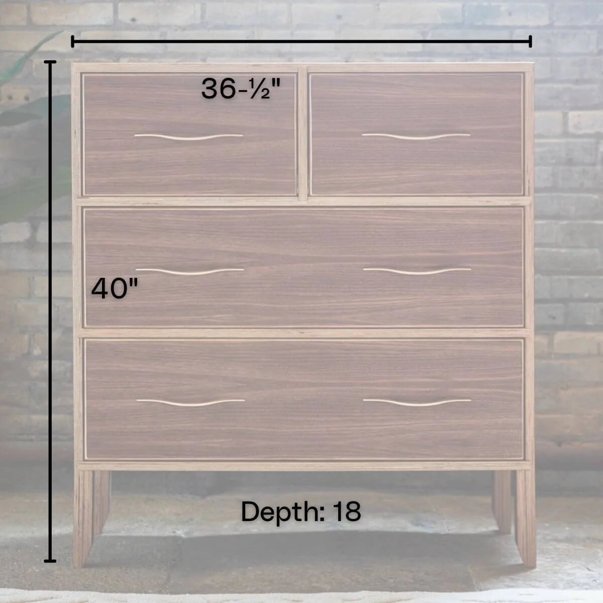 Walnut dresser dimensions diagram: 36-1/2 inches wide, 40 tall, 18 deep