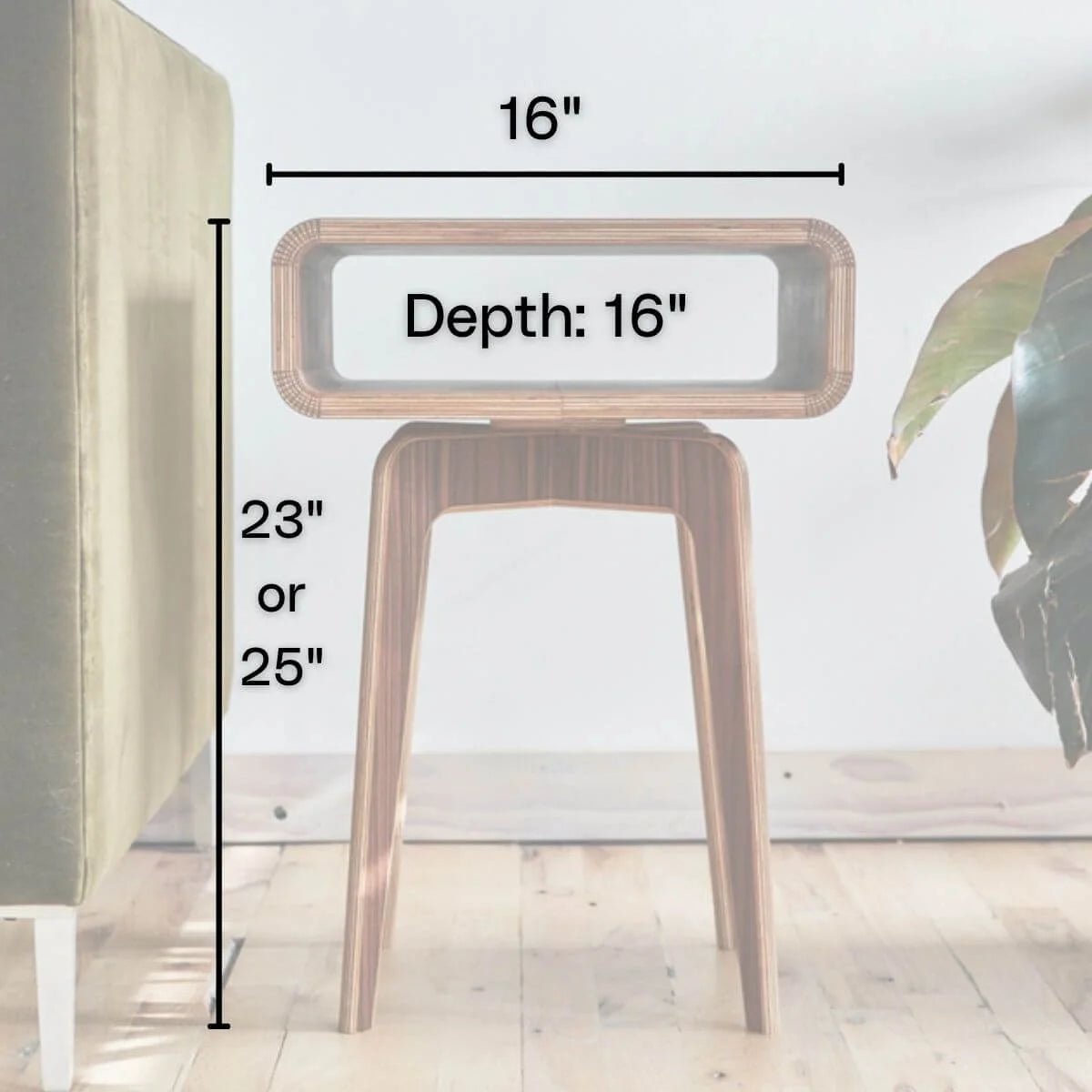End table dimension diagram: 16" wide, 16" deep, 23" or 25" tall