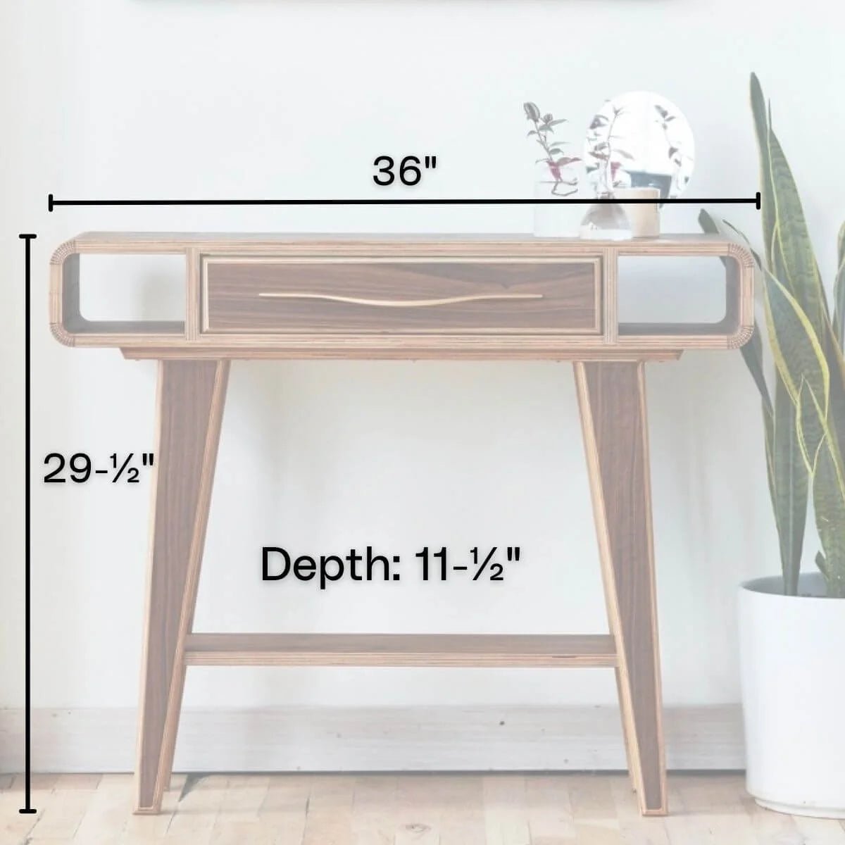Walnut entry table with dimension labels, styled with plant and mirror, wood floor