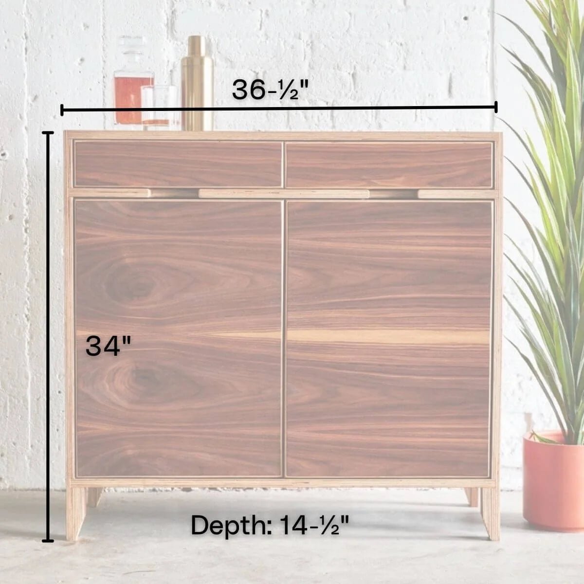 Walnut liquor cabinet, 36-inch, two drawers and closed doors, dimensions labeled, decanters on top