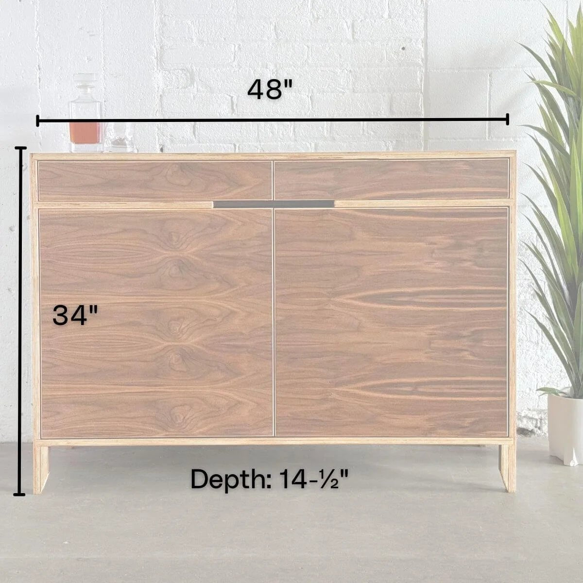 Lighter walnut liquor cabinet, 48-inch wide, closed doors, dimensions labeled, decanter and plant nearby