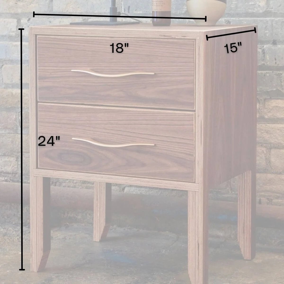 Walnut nightstand dimension diagram labeled 18 inches wide, 15 deep, 24 tall