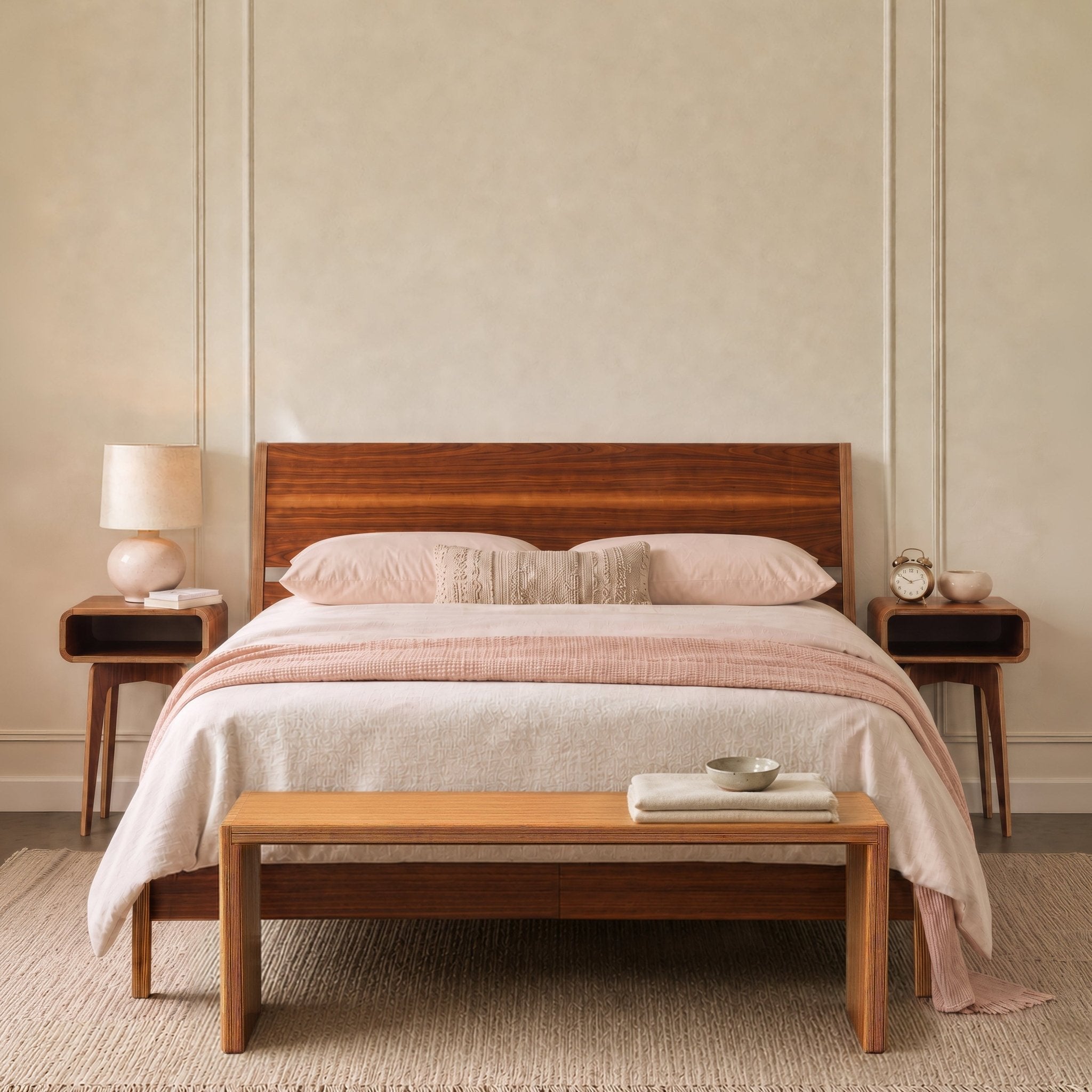 A mid-century modern bedroom with a wood bed frame, dressed in light pink bedding, and two wood nightstands with lamps.