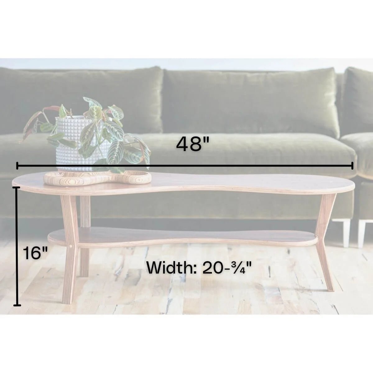 Dimensioned diagram of cocktail table showing 48-inch length, 16-inch height, green sofa background