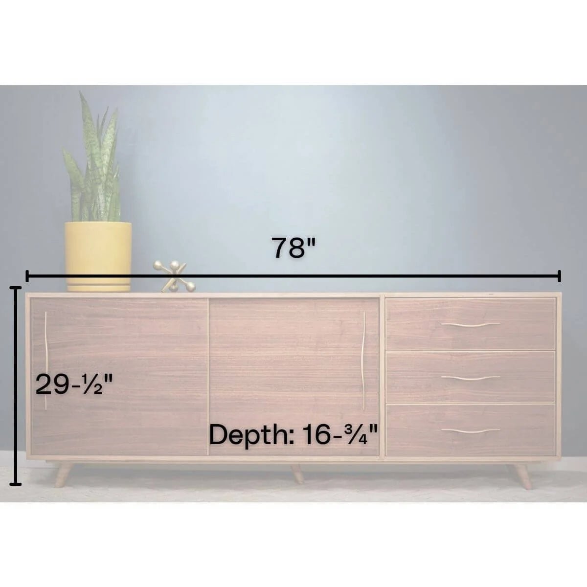 Sideboard dimensions diagram with snake plant in yellow pot against blue wall