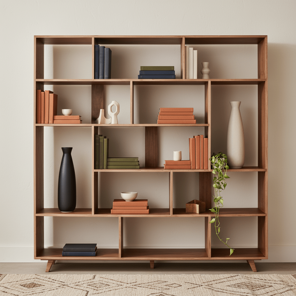 Walnut bookcase with vertical slats with no back styled with plants, books and vases
