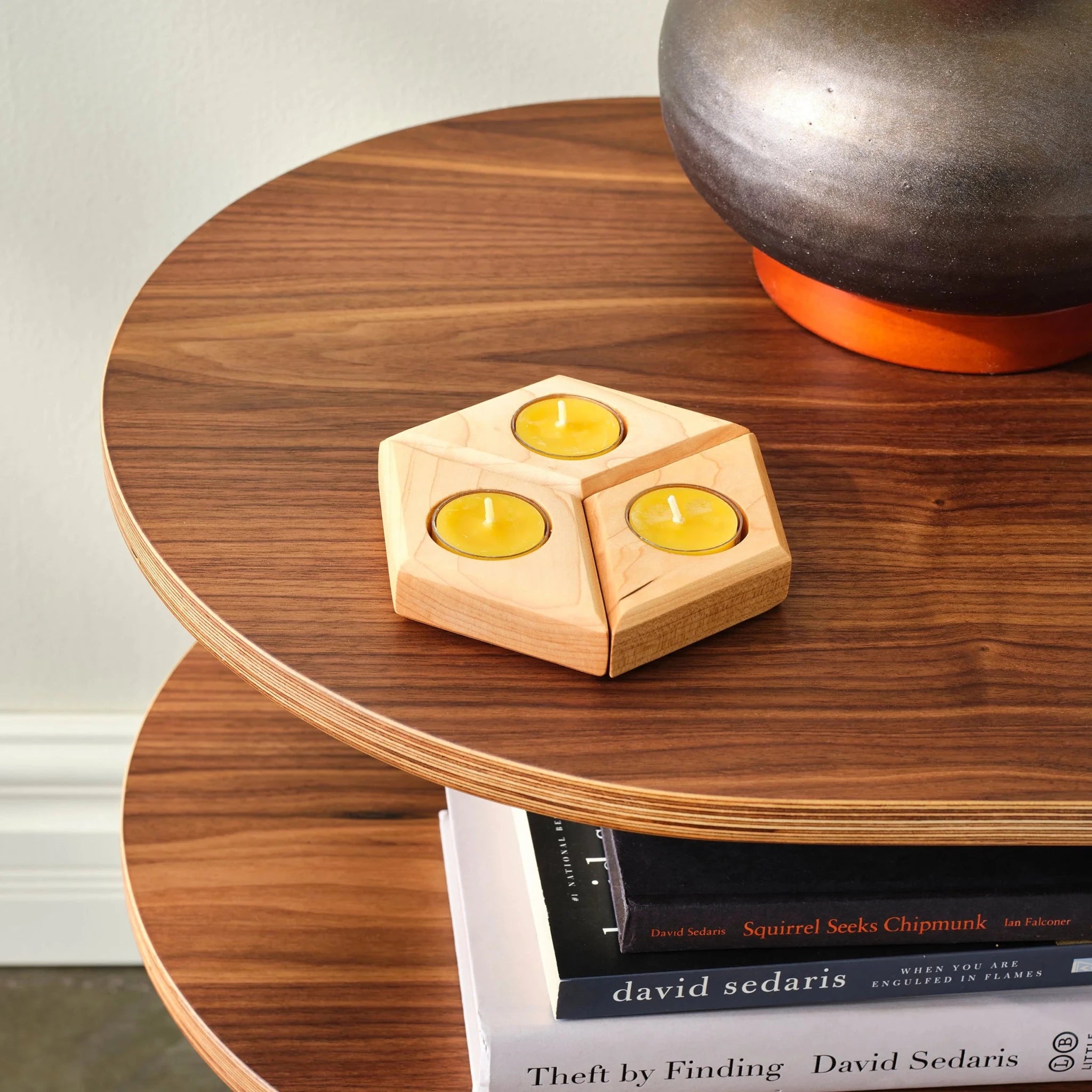 Walnut End Table No. 2 top detail, maple triple tealight candle holder, ceramic lamp