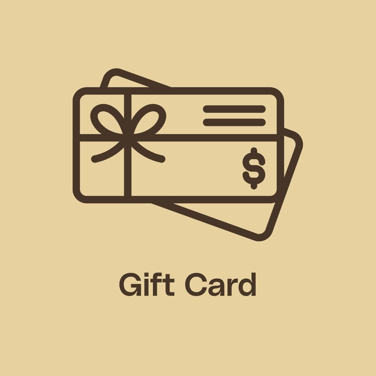 Beige graphic outline of a gift card with a bow on it and text below that says "Gift Card"