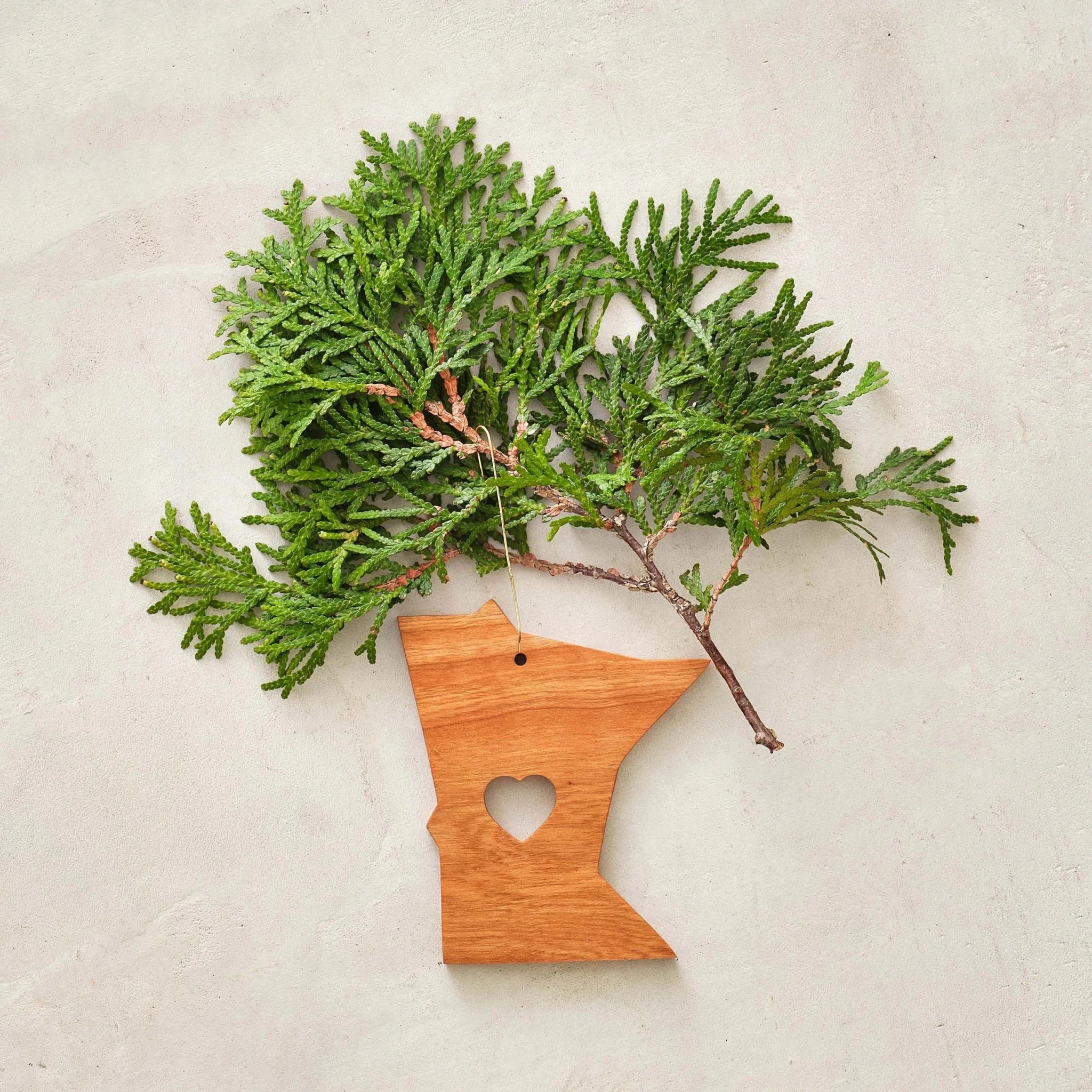 Cherry Minnesota state ornament with carved heart, laid with green cedar branch