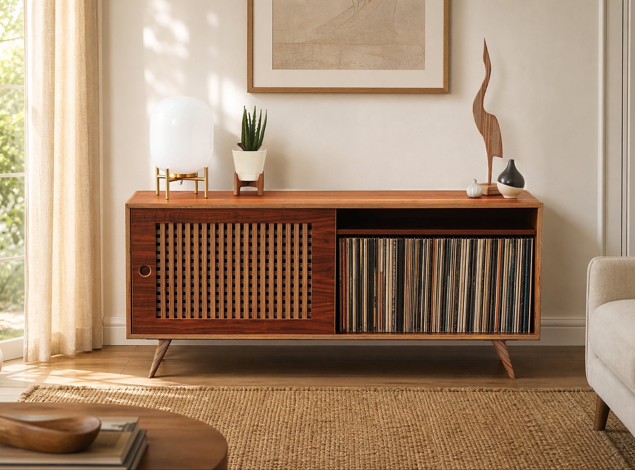 A mid-century modern wood record cabinet styled in a bright room, featuring a slatted door, open shelf, and a vinyl records.
