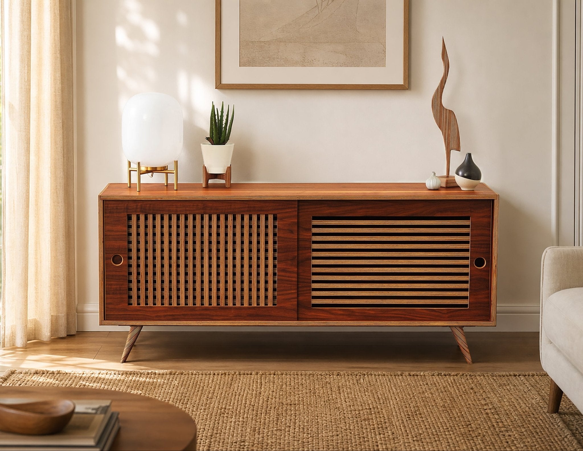 A mid-century modern console styled in a bright living room, featuring a slatted doors with decorative items on top.