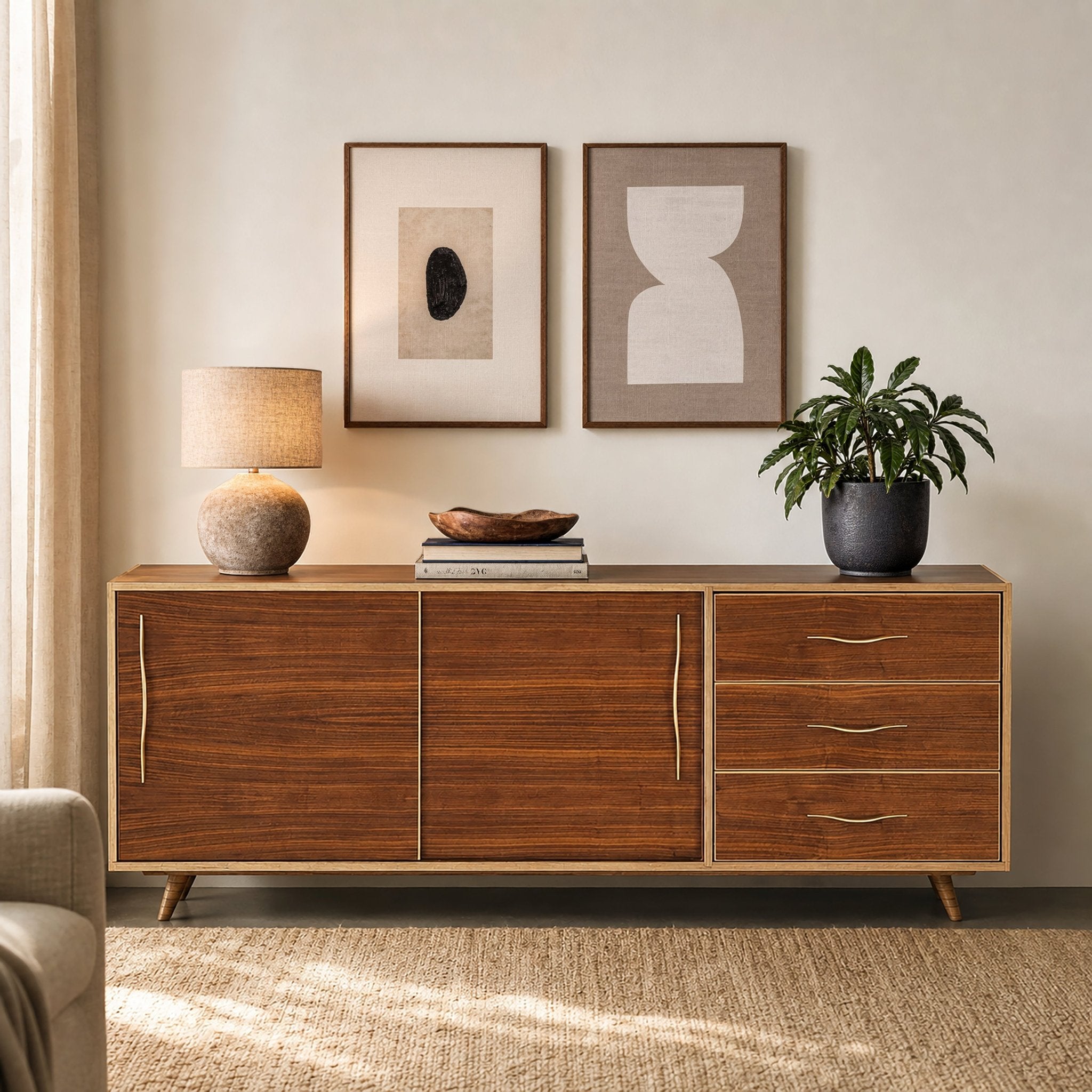 Mid-century modern wood sideboard with a walnut finish, styled in a living room with a lamp, books, a bowl, and a plant.