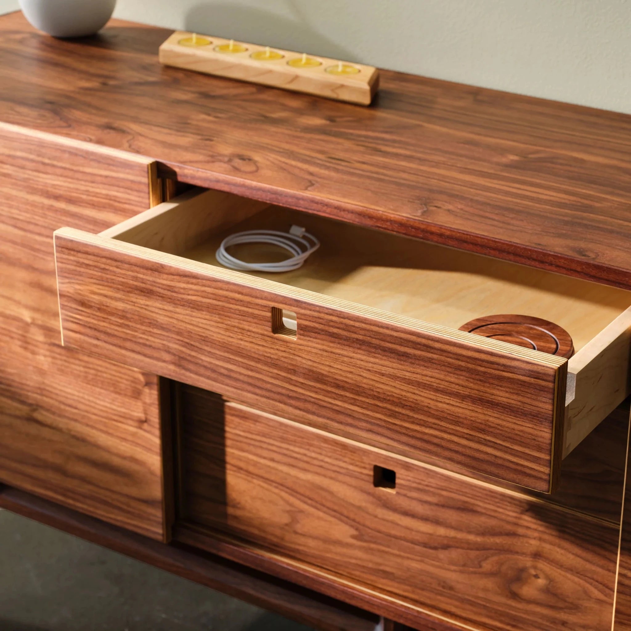 Walnut Media Console No. 2 open drawer revealing plywood interior with coiled white cable inside