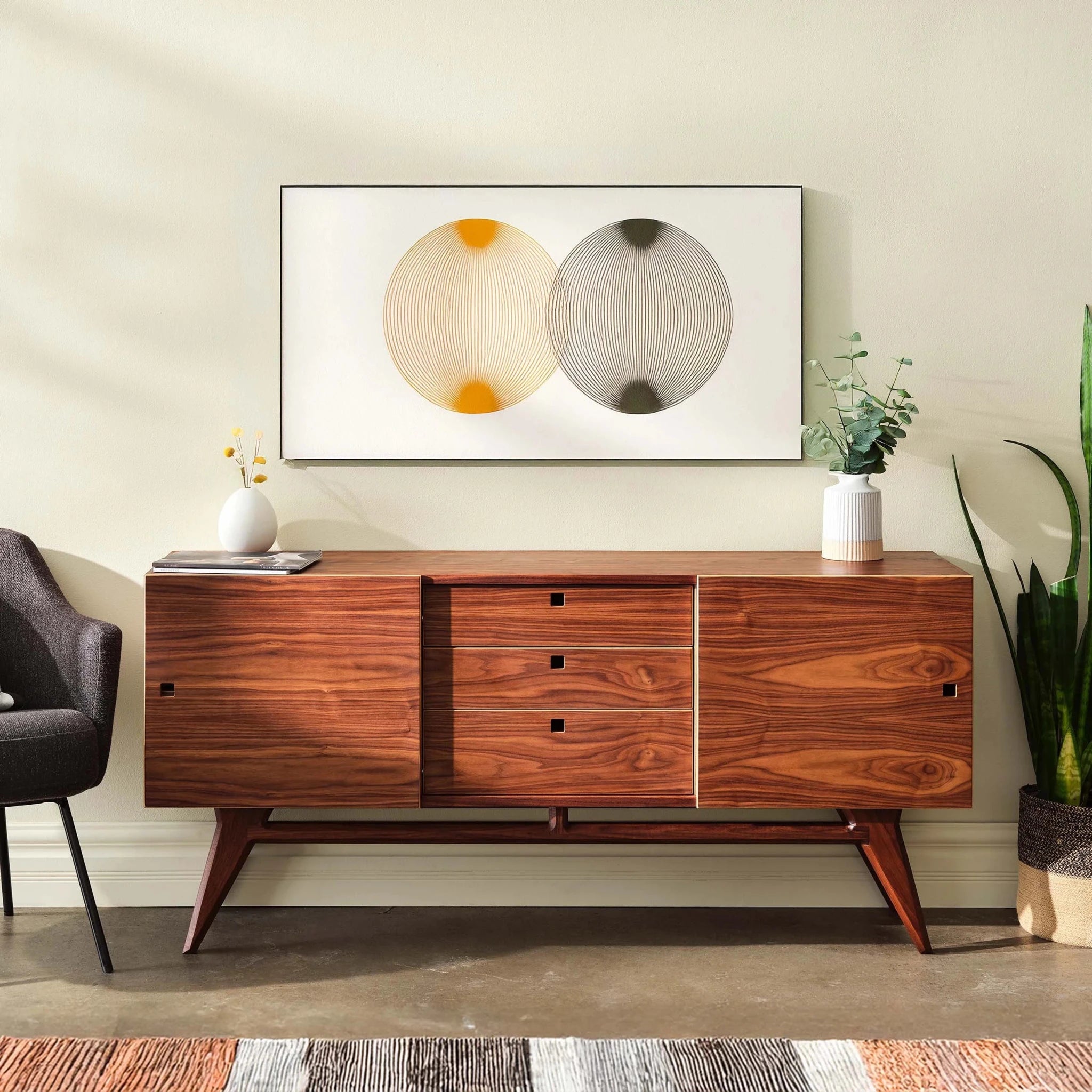 Walnut Media Console No. 2 front view, styled with vases, eucalyptus plant, framed wall art