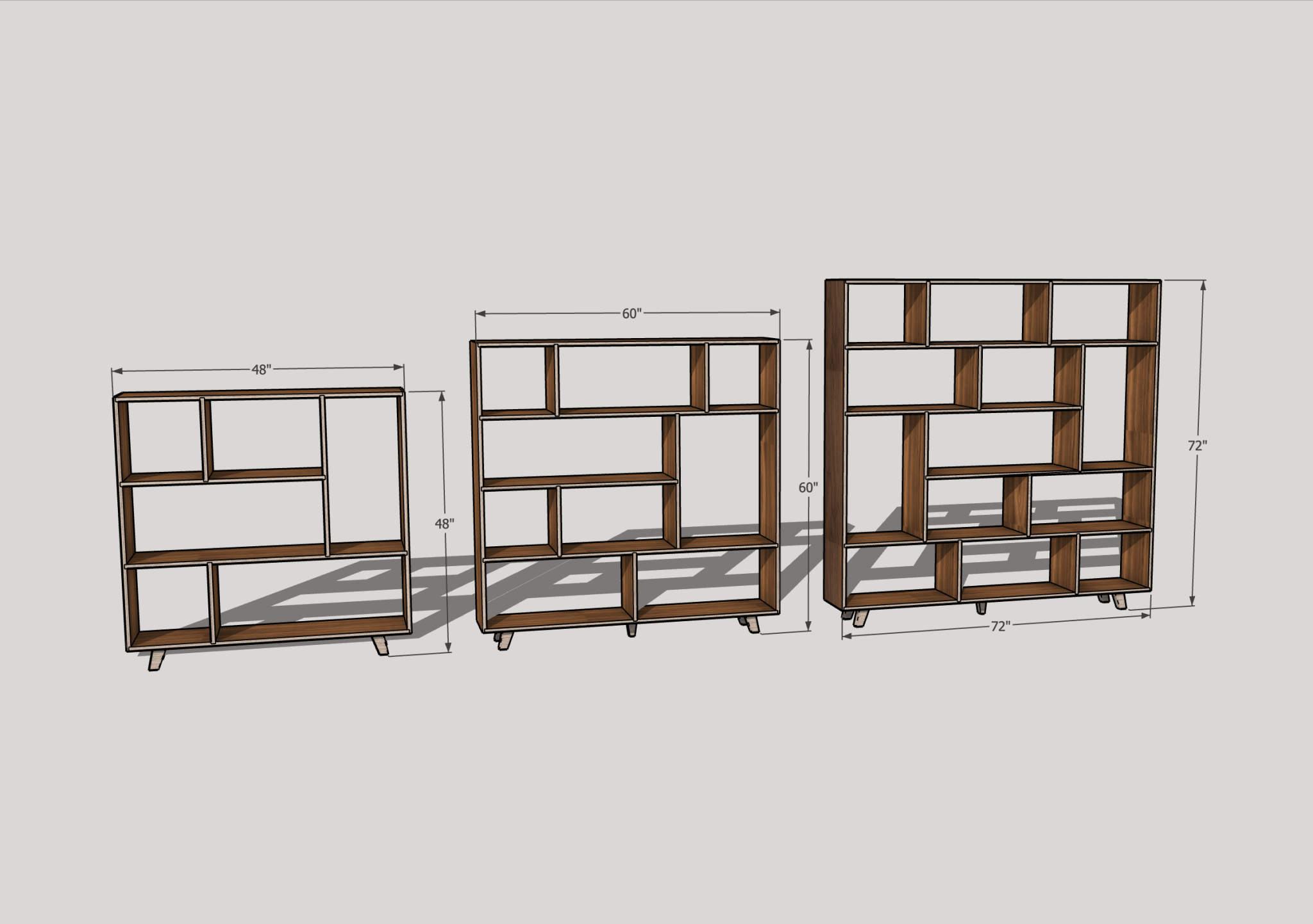 3D rendering showing three bookcase sizes with dimensions: 48, 60, 72 inches wide