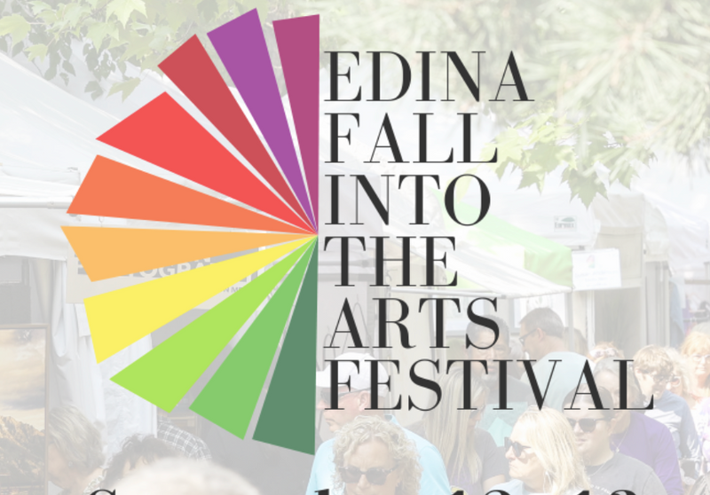 Promotional graphic for the Edina Fall Into The Arts Festival, featuring a colorful radial fan of segments in red, orange, yellow, green, and purple alongside large black text over a faded background photo of an outdoor market with people.