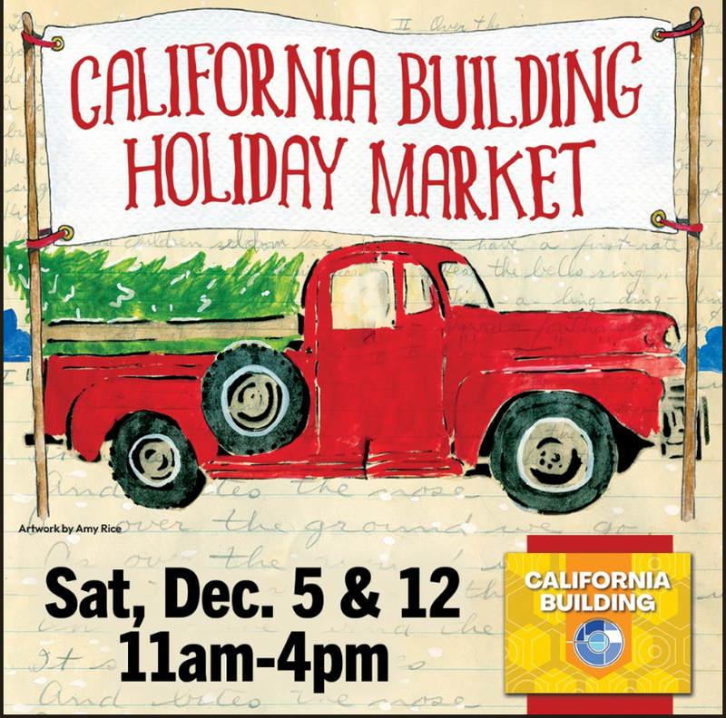 drawing of a red truck with a christmas tree in the back, and a sign that says "California Building Holiday Market"