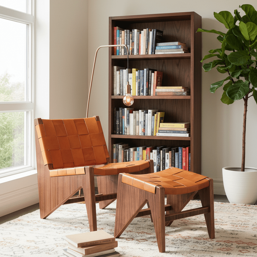 Mid-century modern wood accent chair with woven leather seat and matching ottoman in a bright room with bookshelf and plant.