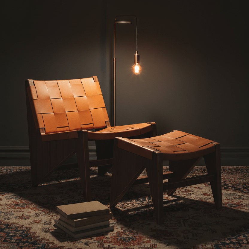 Mid-century modern wood accent chair and ottoman with woven tan leather, styled on a rug with a floor lamp in a dark room.