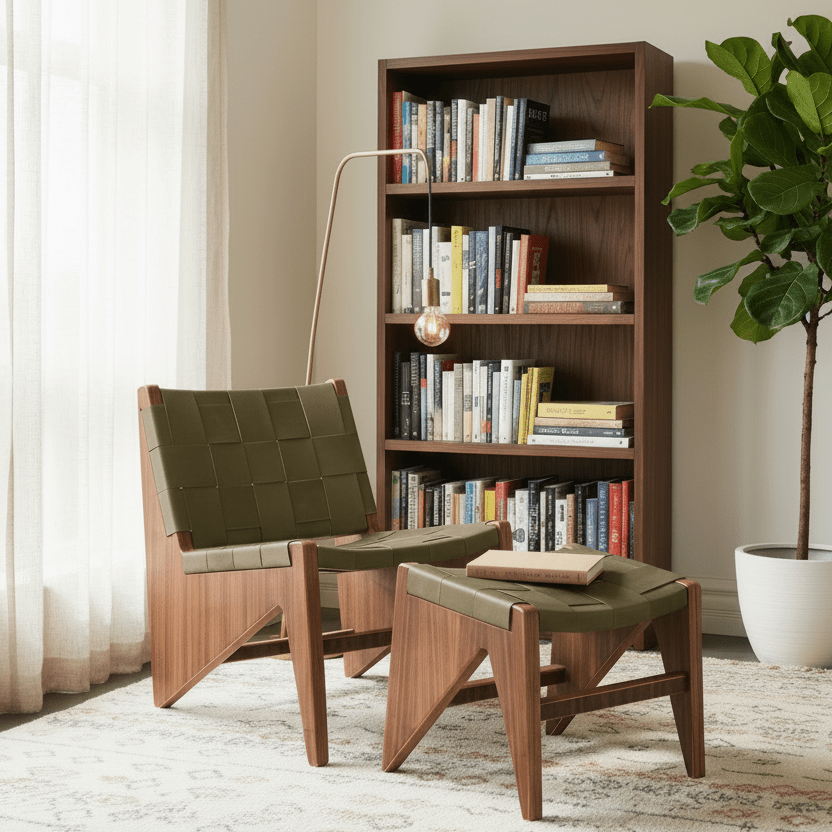 Mid-century modern wood accent chair and ottoman with olive green woven strap in a styled room setting with a bookshelf.