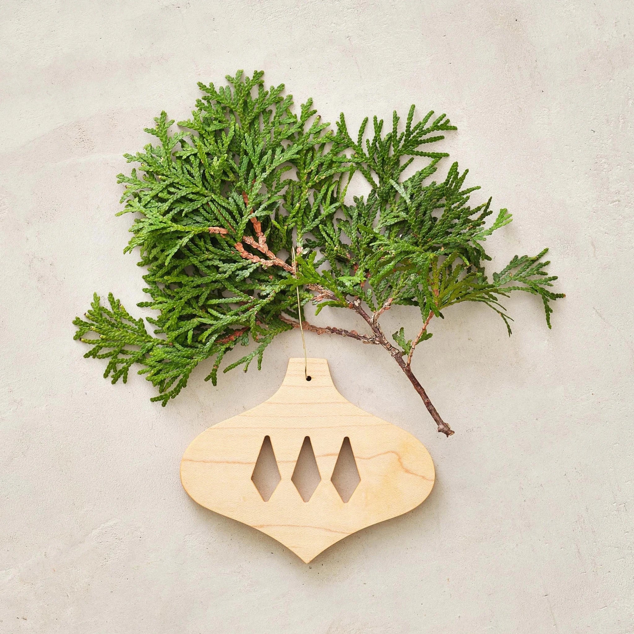 Light maple bulb ornament with diamond cutouts beside green cedar sprig