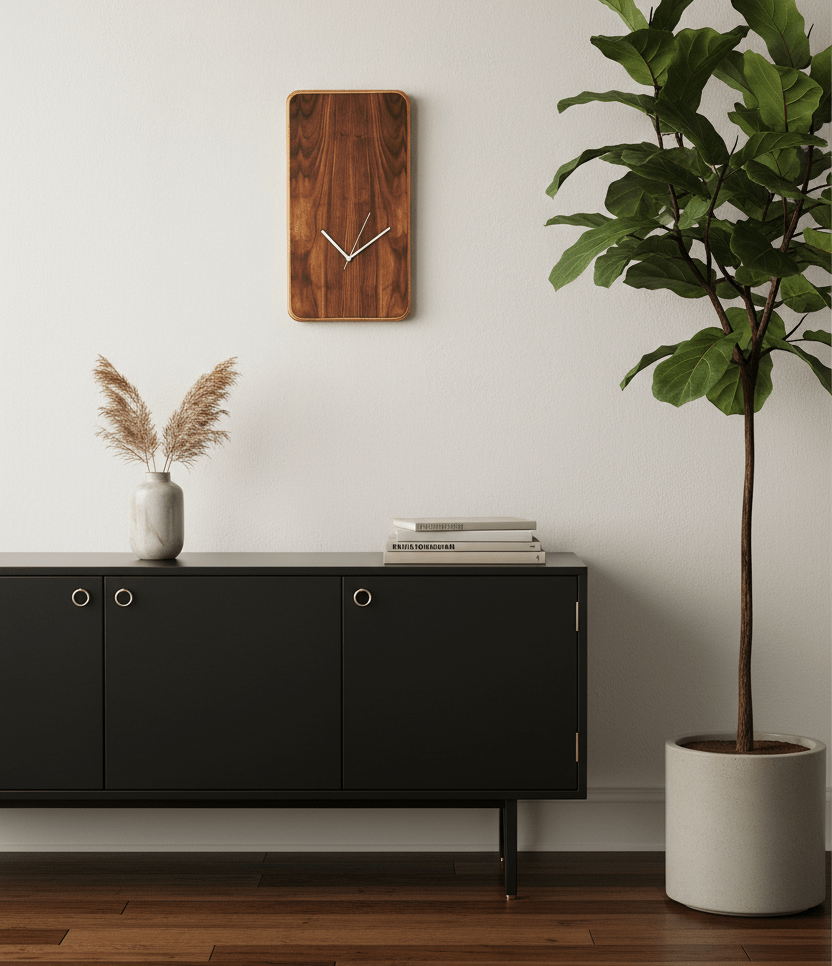 A vertical rectangular wood wall clock with minimalist white hands on a gray wall above a black console and fiddle-leaf fig.
