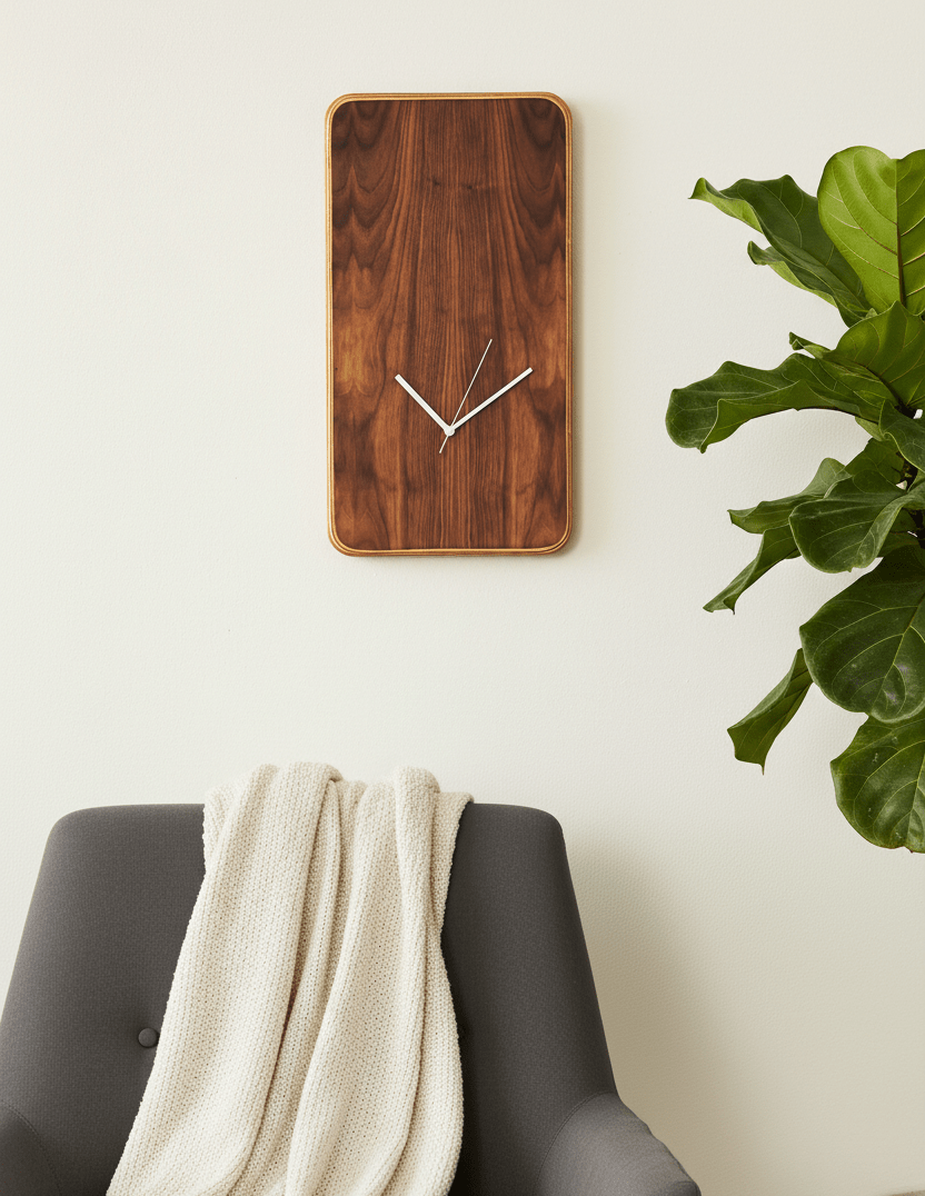 Rectangular wall clock with a rich dark wood grain face, styled on a cream wall above a gray armchair and fiddle leaf fig.