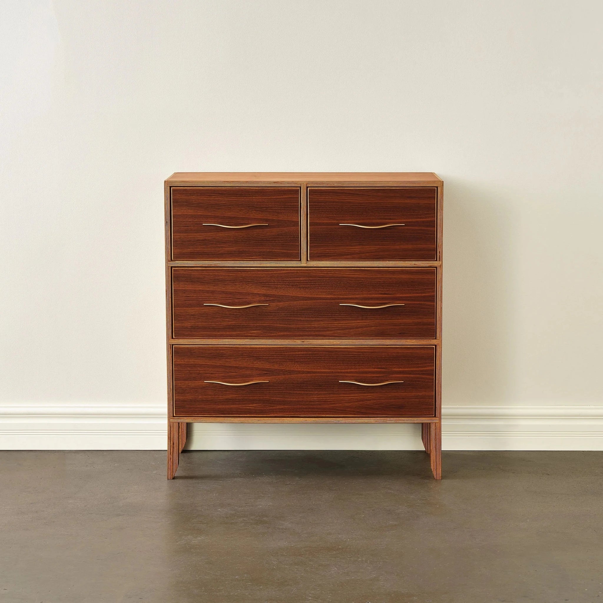 Walnut chest dresser, four drawers with brass pulls, front view