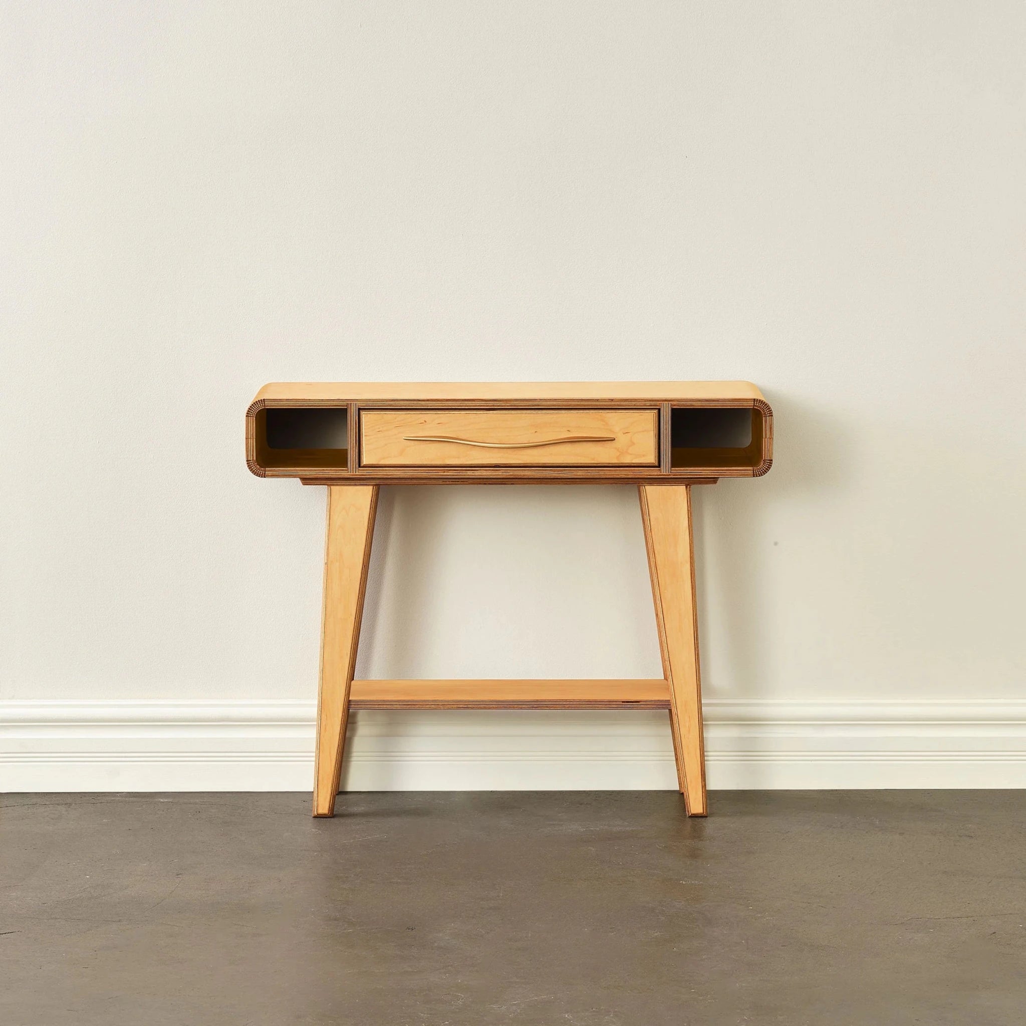 Light maple entry table, front view, single drawer with wood pull, open side compartments