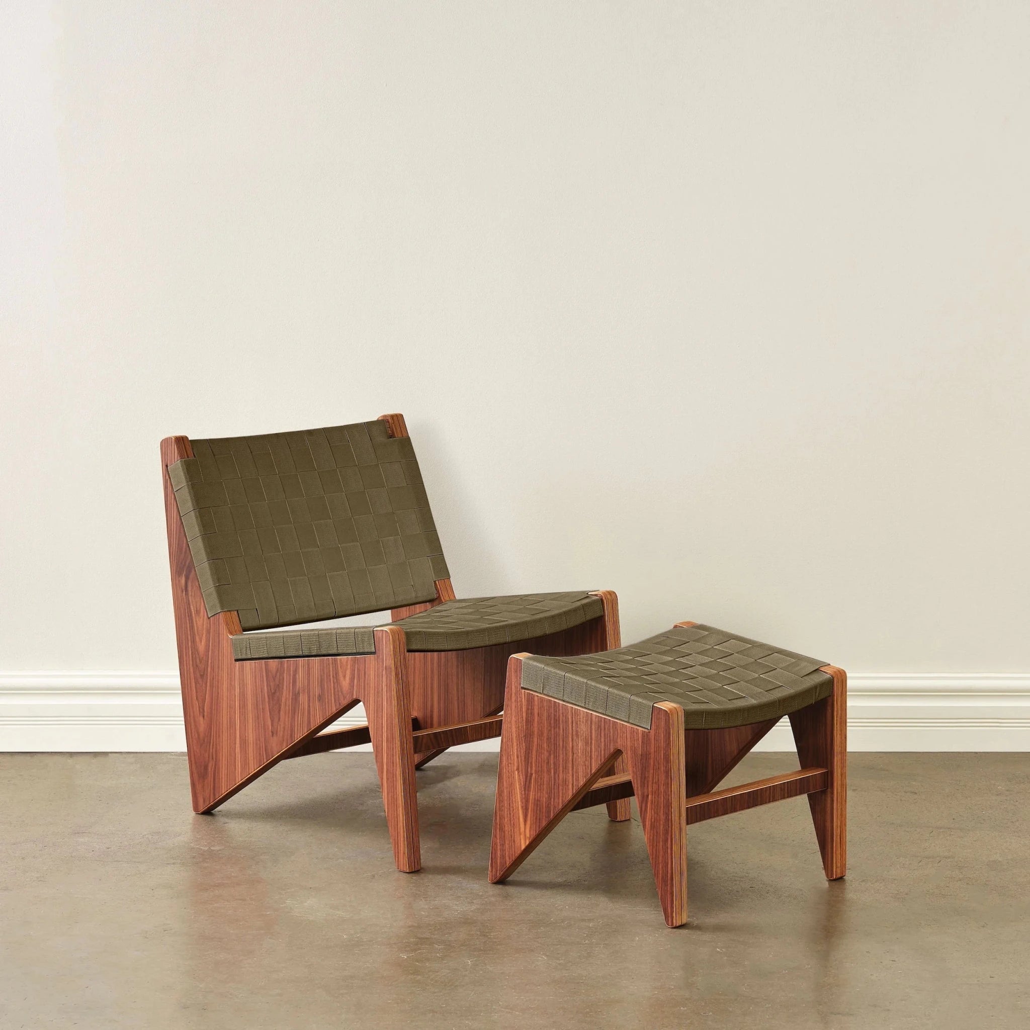 Walnut lounge chair and ottoman with olive-green woven fabric straps