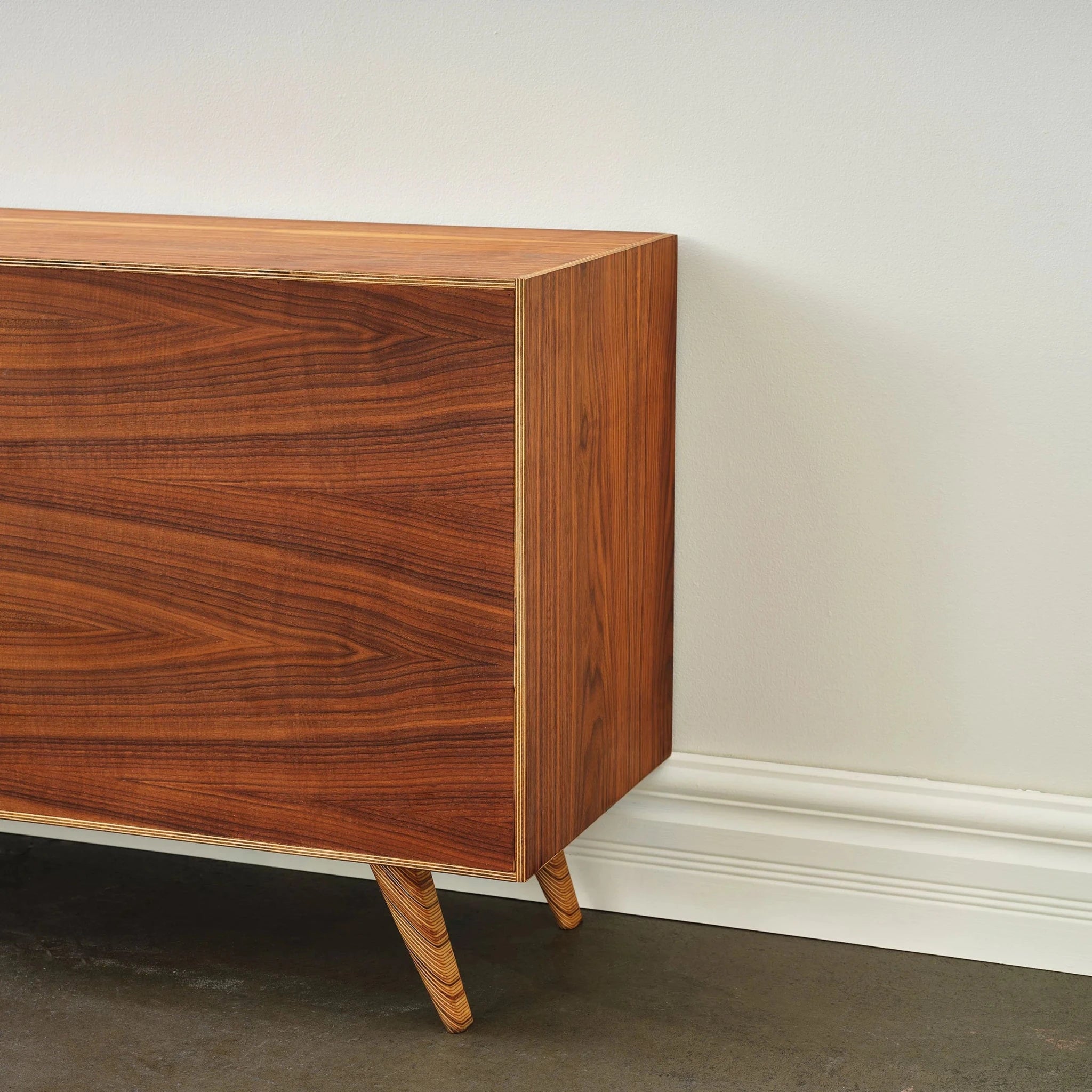 Walnut Media Console No. 1 rear corner view, solid back panel, plywood edges, tapered leg