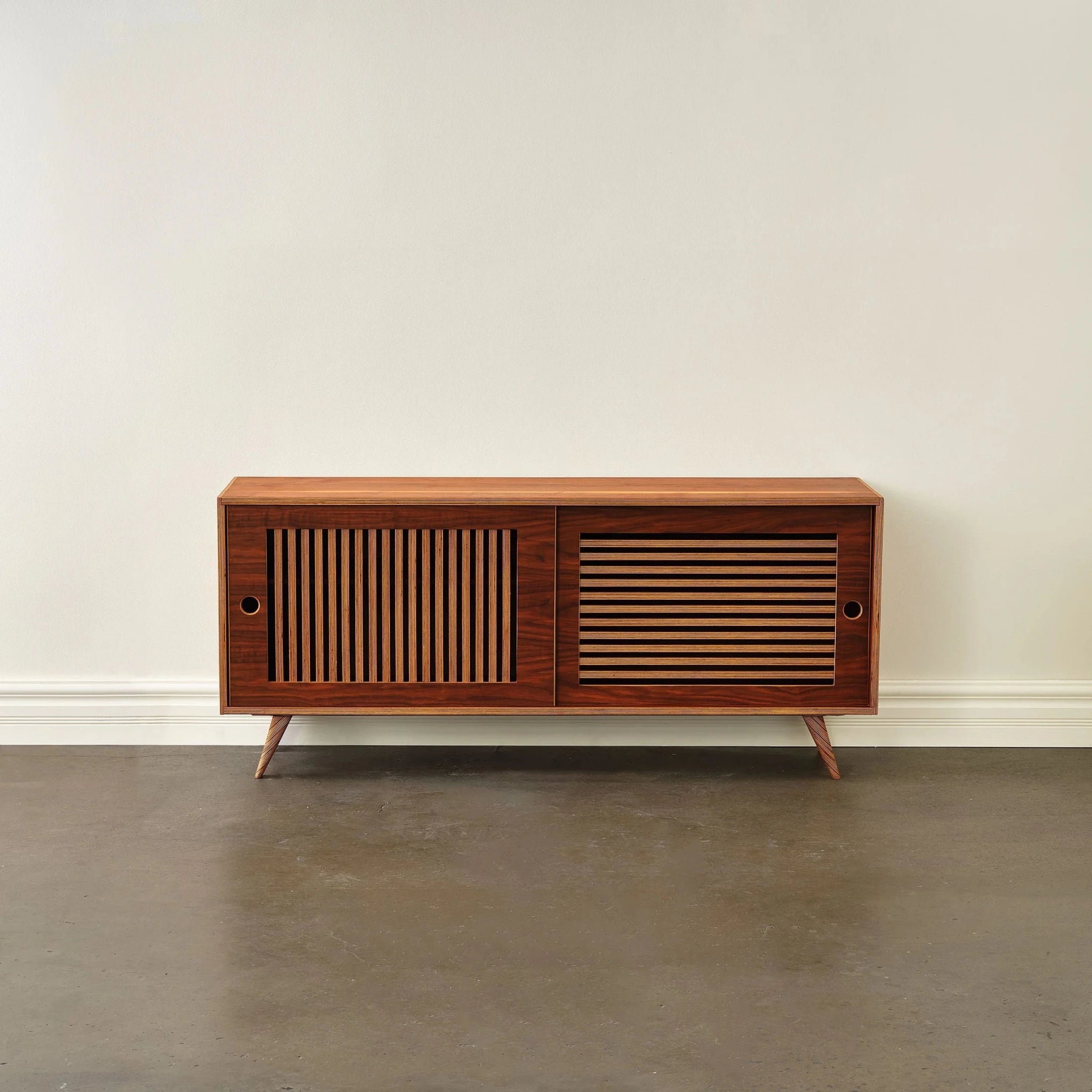 Walnut Media Console No. 1 plain front, slatted sliding doors, round finger holes, tapered legs