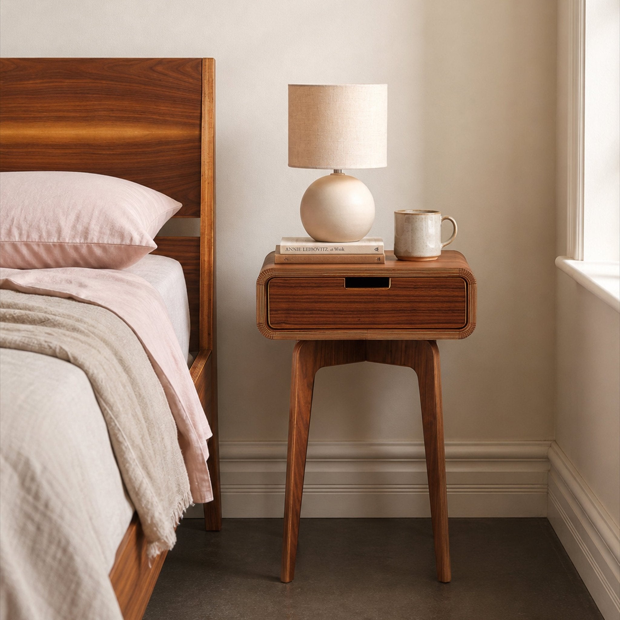A mid-century modern wood nightstand with drawer, styled next to bed in neutral-toned bedroom. Nightstand holds small items.