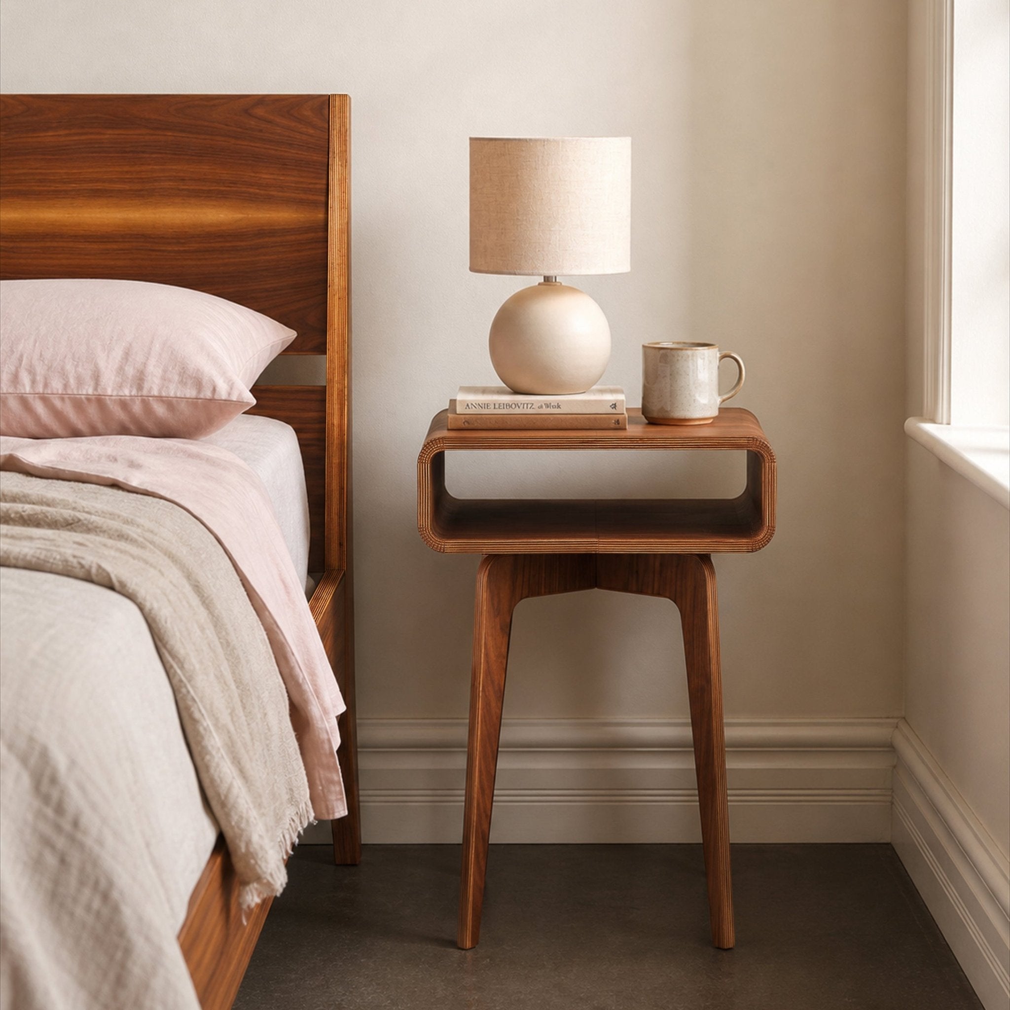 A mid-century modern wood nightstand with open shelf, styled in a bedroom next to a bed with pink bedding and wood headboard.