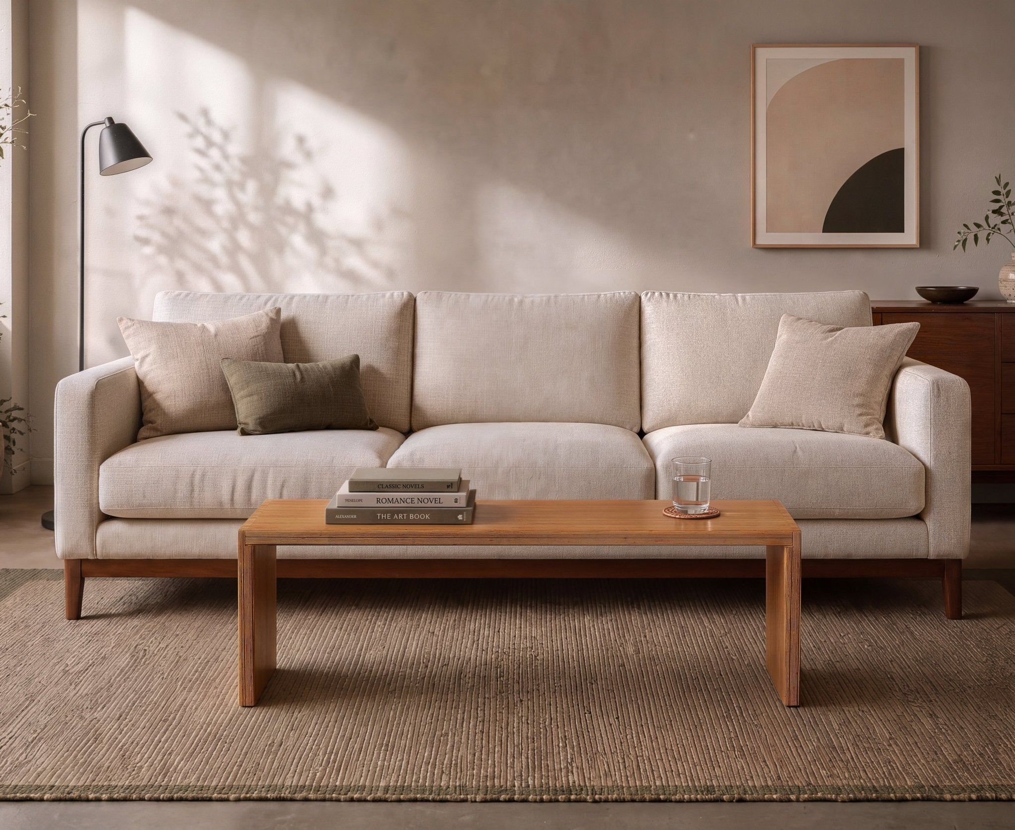 Modern sofa in off-white fabric n a sunlit living room. A wood coffee table sits in front on a woven rug, with a floor lamp.